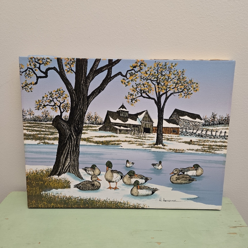 Hargrove Duck & Pond Landscape Canvas Painting 16x12" Vintage